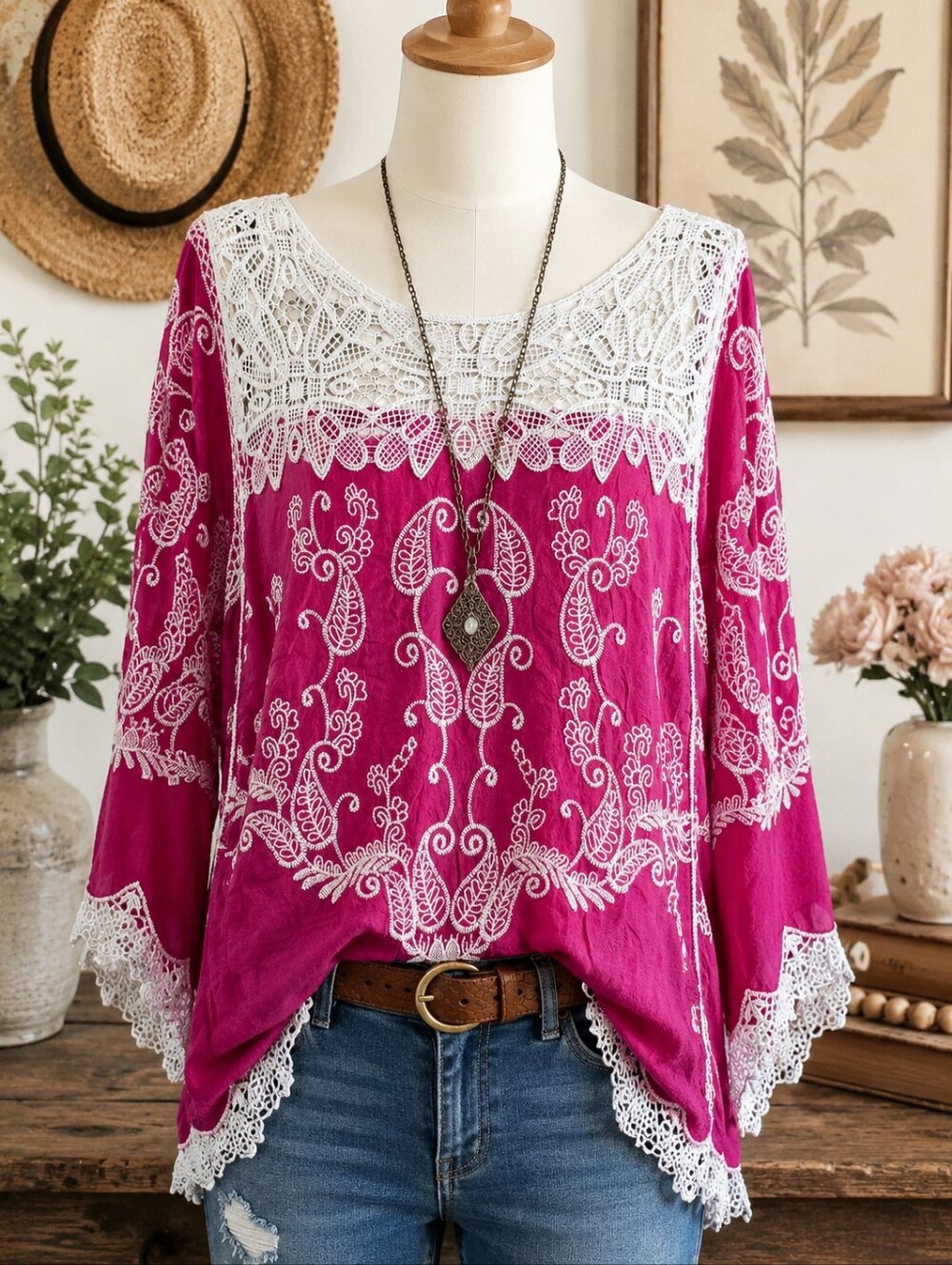 Leo & Nicole Fuchsia Embroidered Lace Yoke Tunic